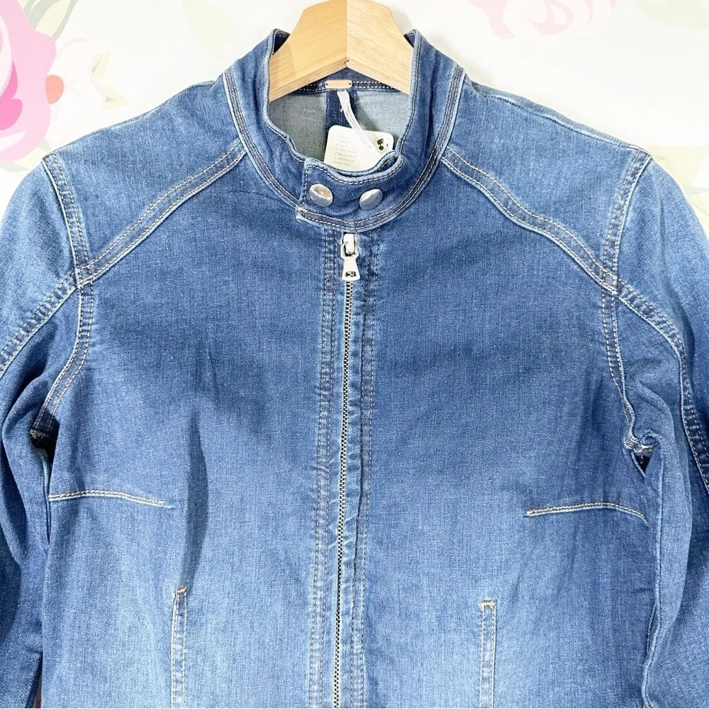 NEW Free People We The Free On The Run Moto Playsuit Blue Denim Romper S